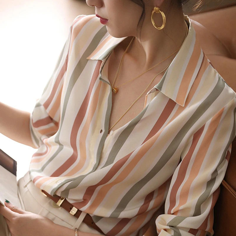 Stripe Women Shirt Satin Vintage Shirt for Women 2023 Autumn Clothes Korean Fashion Shirts and Blouses Basic Elegant Womens Tops