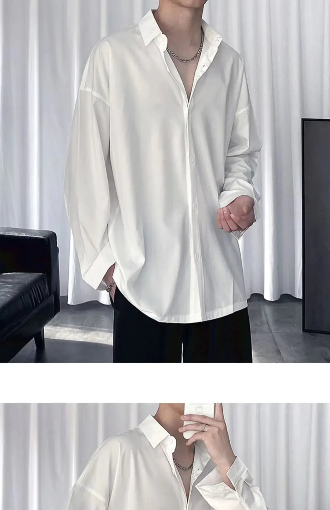 Black Shirt Men's Handsome Loose Drooping Long-sleeved Spring, Summer and Autumn Casual Men's Fashion Handsome Ice Silk Jacket