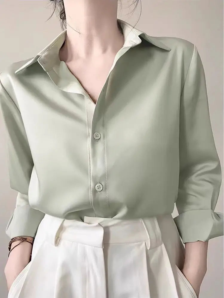 Simple Women's Satin Shirts Thin Spring New Solid Color Long Sleeve Advanced Sense Top Office Elegant Ladies Work Wear Fashion
