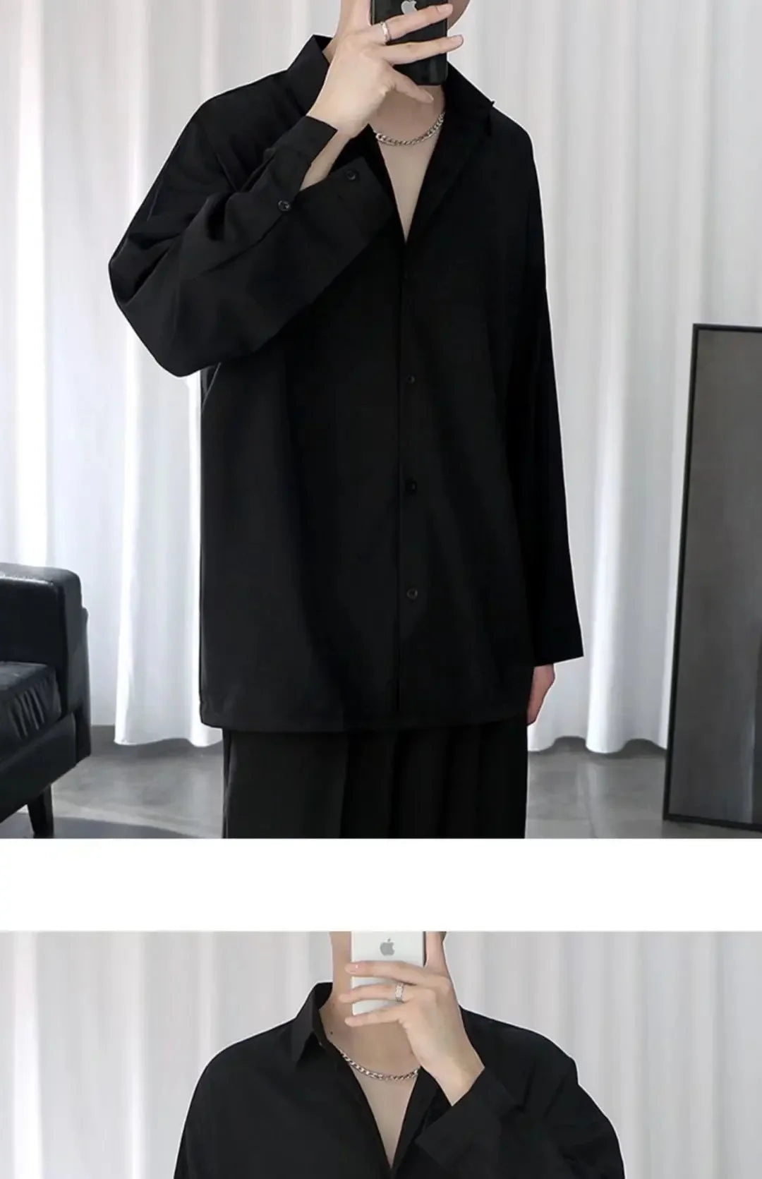 Black Shirt Men's Handsome Loose Drooping Long-sleeved Spring, Summer and Autumn Casual Men's Fashion Handsome Ice Silk Jacket