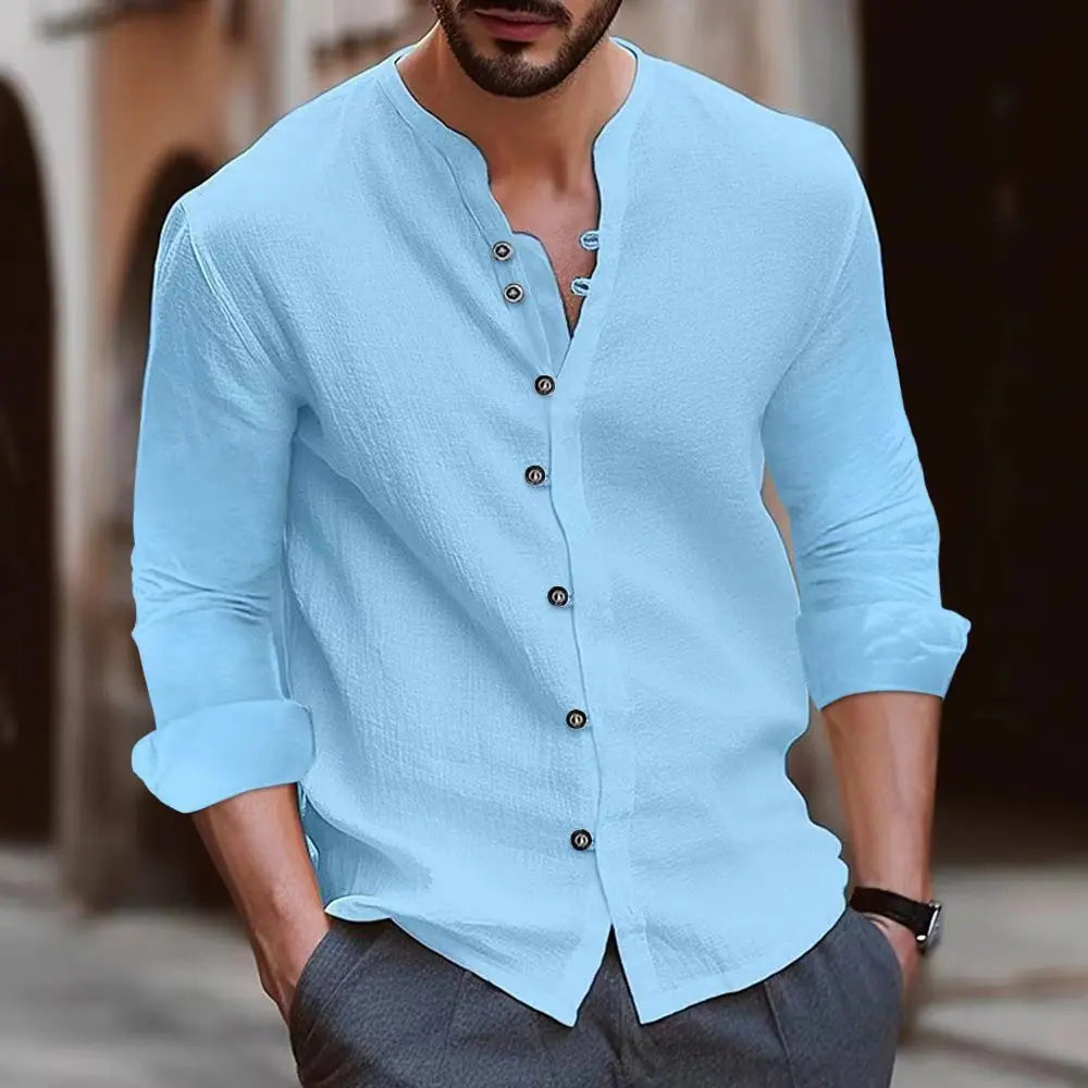 Solid-color Slim-fitting Home Shirt A New Fashionable Men's Retro Button Shopping And Casual Long-sleeved Shirt From Hawaii