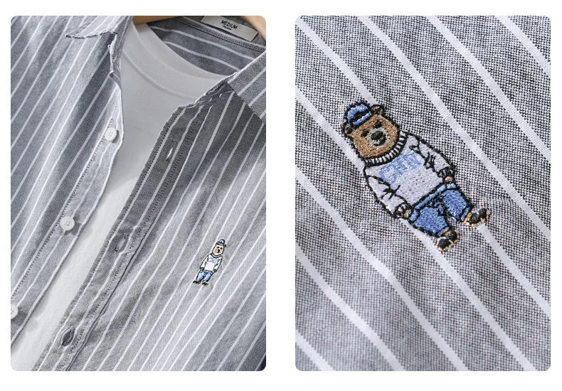 Summer Business Casual Men's Striped Short Sleeve Shirt Fashion Bear Embroidered Loose Trend Male Simple Versatile Tops Shirt