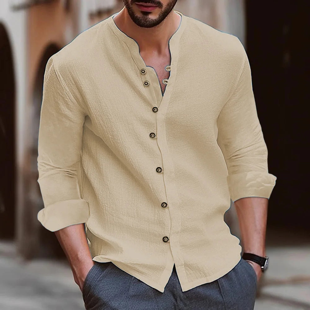 Solid-color Slim-fitting Home Shirt A New Fashionable Men's Retro Button Shopping And Casual Long-sleeved Shirt From Hawaii