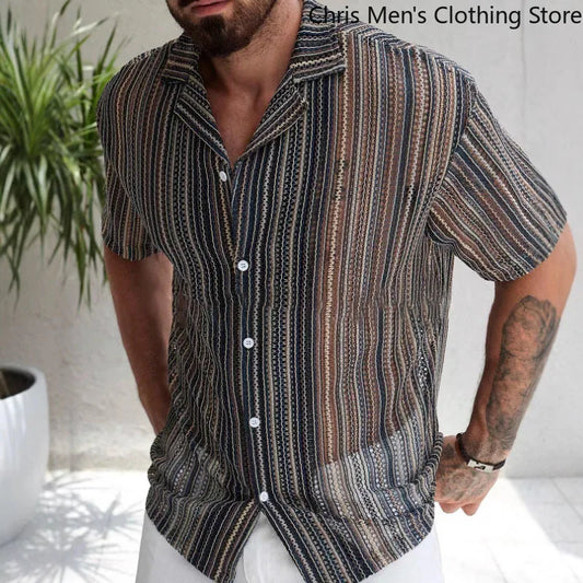 Hawaiian Men's Shirt 2025 Summer Striped Cutout Sexy Beach Short-sleeved Shirt, Trendy Men's Wear for Vacation and Nightclubs