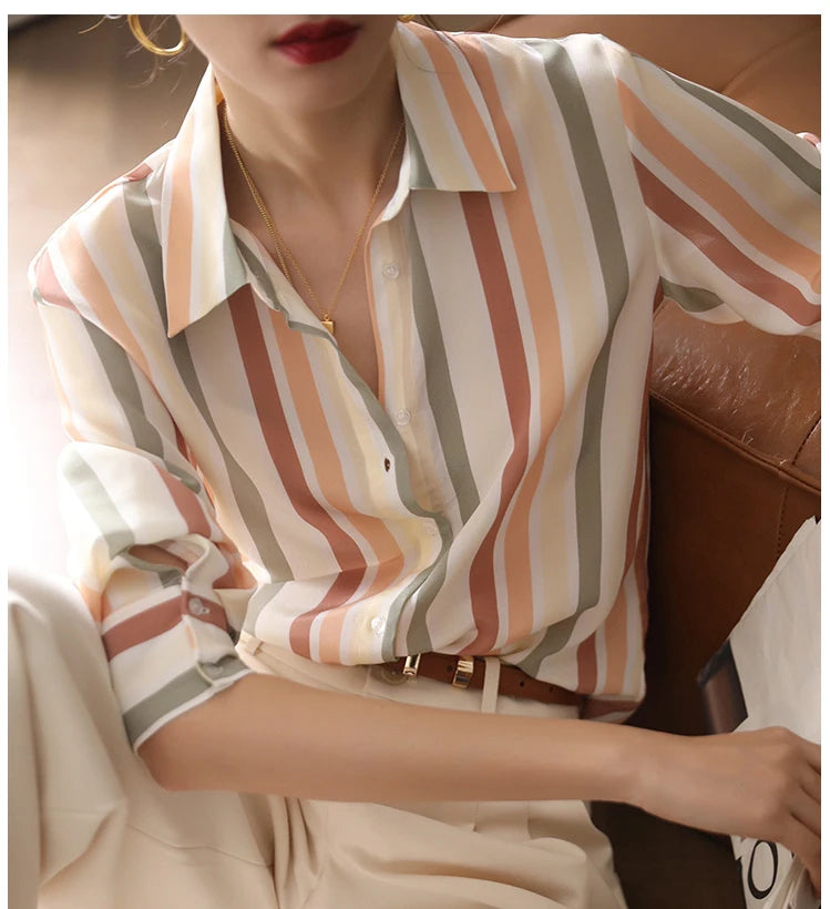 Stripe Women Shirt Satin Vintage Shirt for Women 2023 Autumn Clothes Korean Fashion Shirts and Blouses Basic Elegant Womens Tops