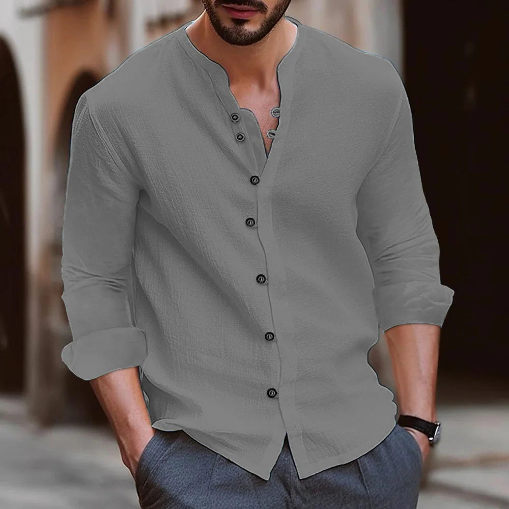 Solid-color Slim-fitting Home Shirt A New Fashionable Men's Retro Button Shopping And Casual Long-sleeved Shirt From Hawaii