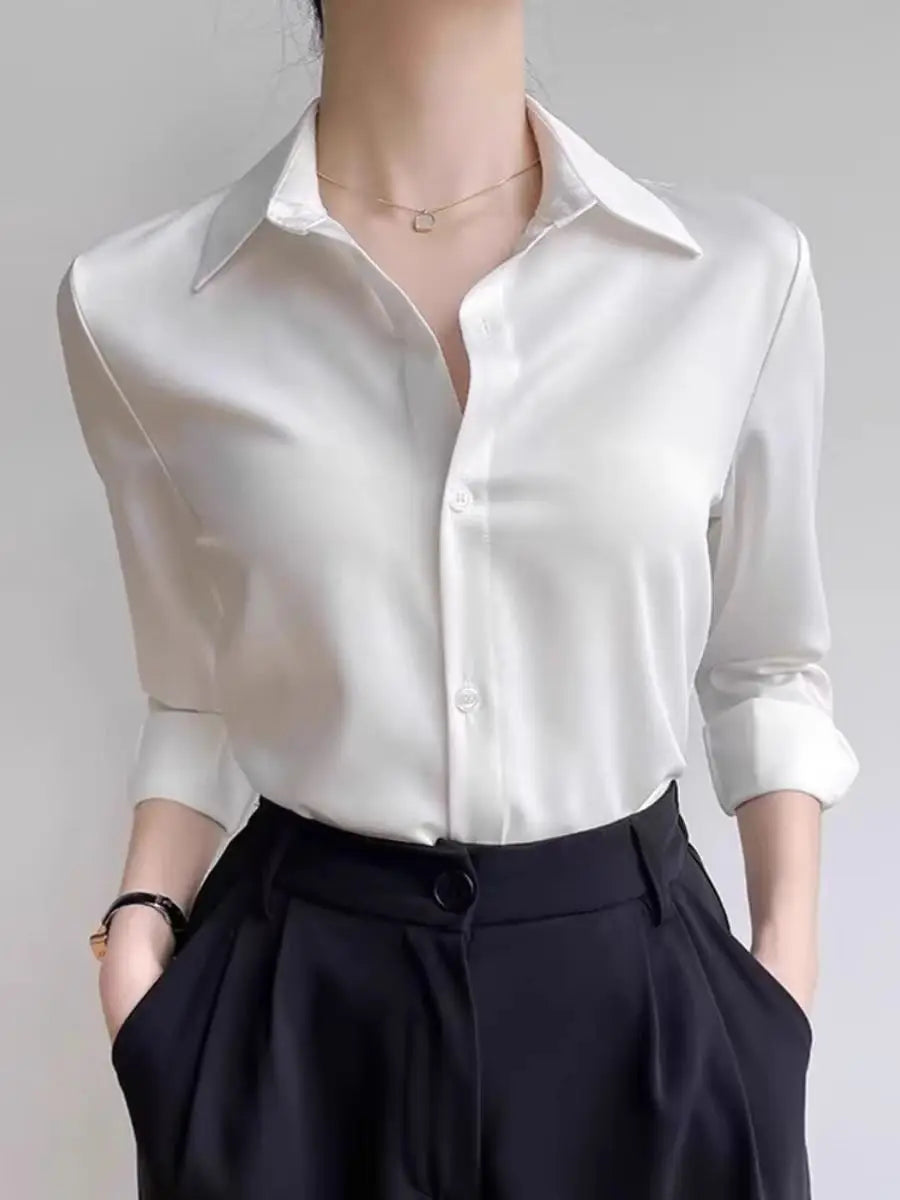 Simple Women's Satin Shirts Thin Spring New Solid Color Long Sleeve Advanced Sense Top Office Elegant Ladies Work Wear Fashion