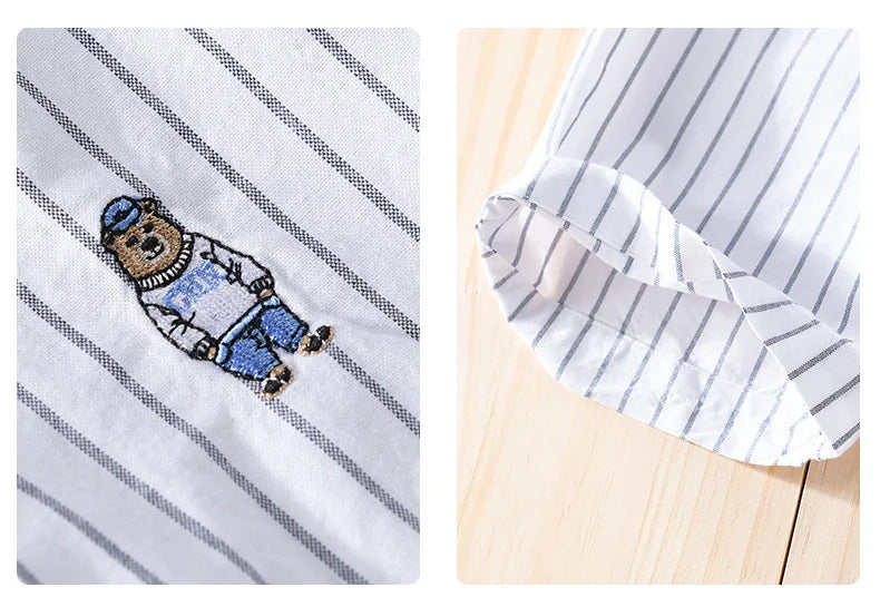 Summer Business Casual Men's Striped Short Sleeve Shirt Fashion Bear Embroidered Loose Trend Male Simple Versatile Tops Shirt