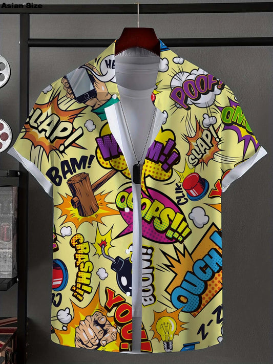 Men's Shirt Fashion Novel Graphic Tops Button Up Shirt Casual New Unisex Shirt Vacation Lapel Short Sleeves Shirt Graffiti Art