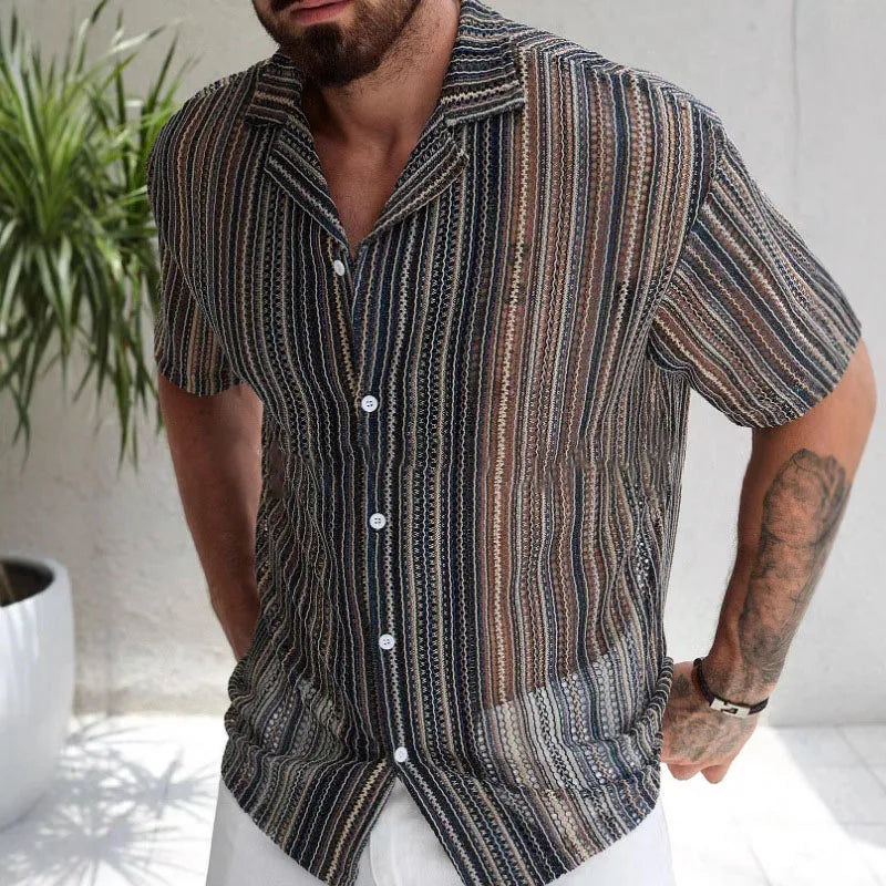 Hawaiian Men's Shirt 2025 Summer Striped Cutout Sexy Beach Short-sleeved Shirt, Trendy Men's Wear for Vacation and Nightclubs