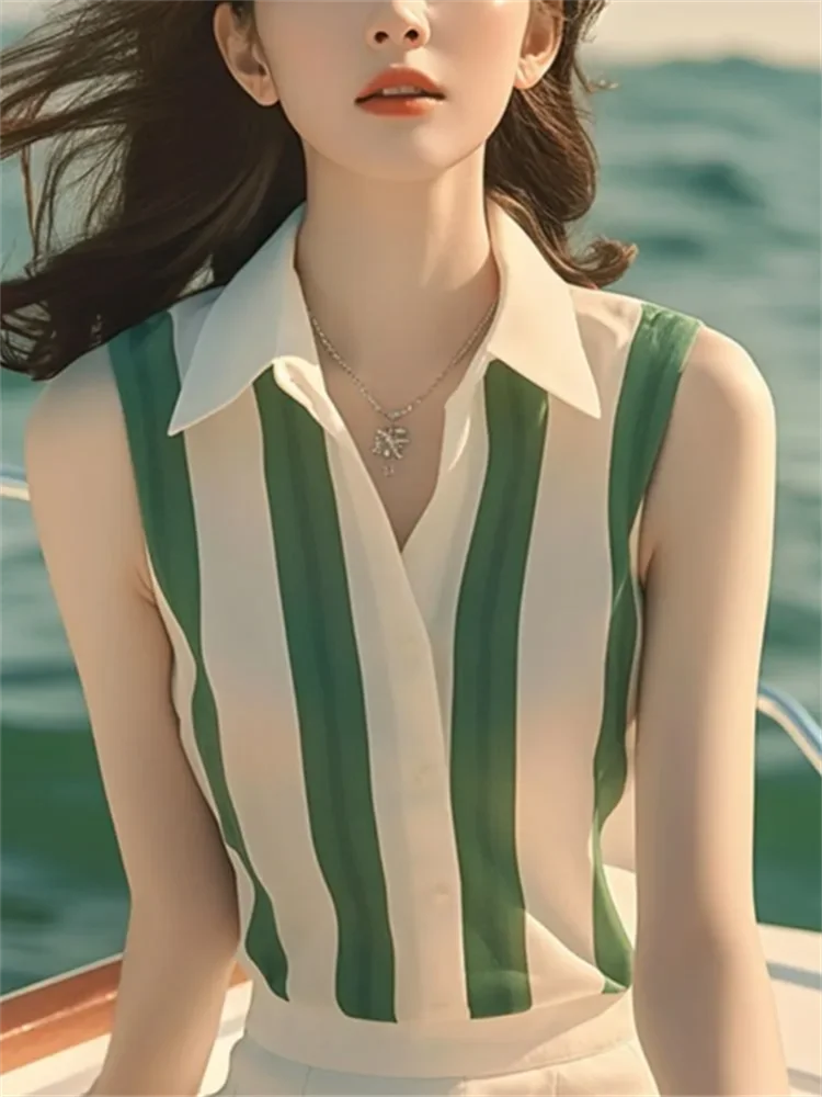 Sleeveless Shirt For Women Blouse Summer Woman Clothes Shirts Green Whiite Striped Blous Laple Cardigan Button Shirt Tops
