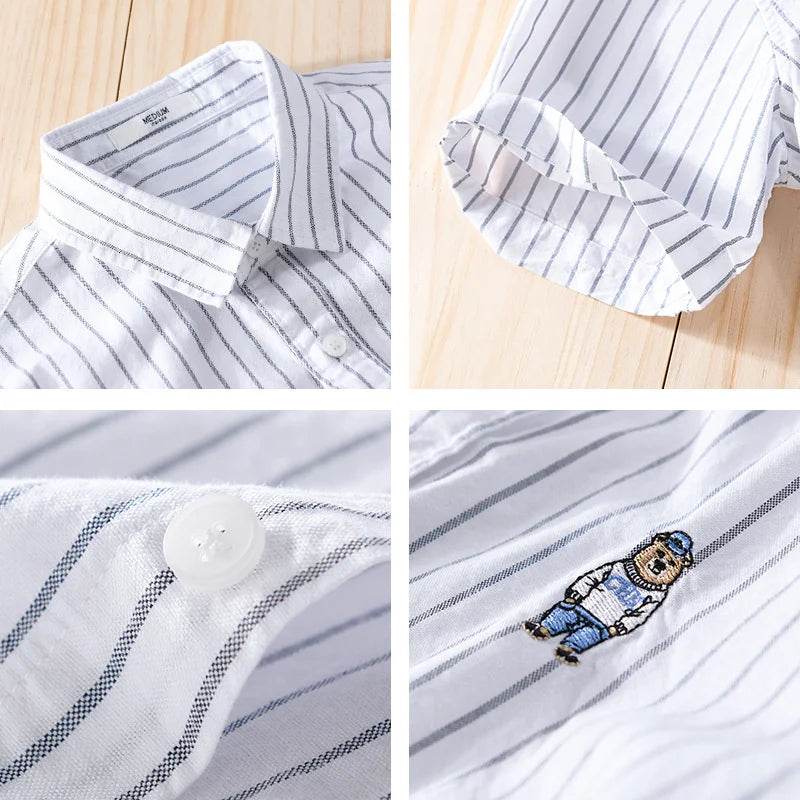 Summer Business Casual Men's Striped Short Sleeve Shirt Fashion Bear Embroidered Loose Trend Male Simple Versatile Tops Shirt